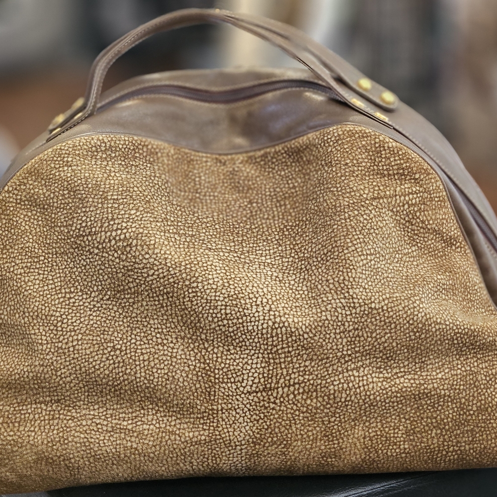 Borbonese Large Dome Bag Carry On Purse Made In Italy Quail Suede